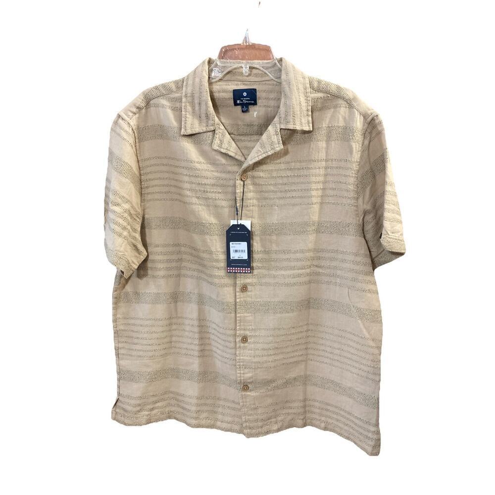 Ben Sherman Short Sleeve Shirt Mens L New Safari Tan Textured Stripe Coastal $99